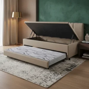 Bicama Solteiro Com Baú 88x188 Courino Linho Bege com Colchão Auxiliar Ecoflex