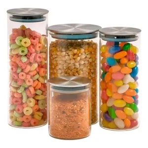 Kit 4 Potes Vidro Tampa Inox Hermético Circular - Tud Cor Nude