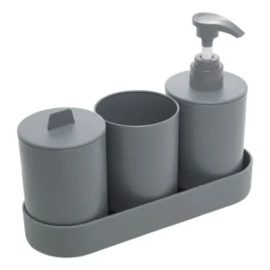 Kit Acessórios Banheiro 4 Peças Lyor Plástico Pp E Bambu Cor Cinza