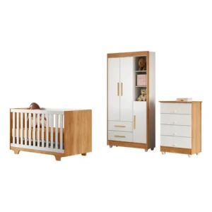Quarto De Bebê Completo 100% Mdf Com Cômoda Berço E Guarda Roupas Branco/amadeirado