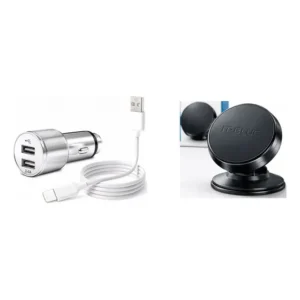 Kit Veicular: Carregador Turbo Automotivo Compatível Iphone 12 13 Branco + Suporte Magnético Preto