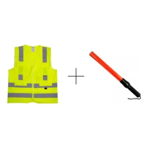 Kit Colete Refletivo Verde 4 Bolsos + Bastão Led Sinalizador