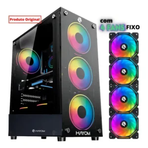 Gabinete Gamer Mid Tower Hayom Vidro Temperado 4 Fans RGB Preto