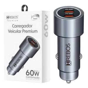Carregador Veicular Turbo Hrebos USB-C 60W 2 Portas Rápido para Carro