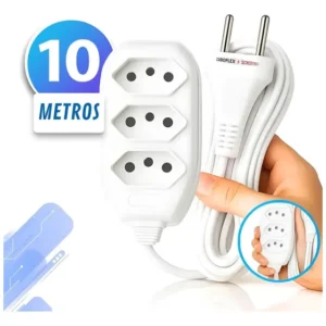 Extensão Elétrica 10 Metros De Cabo Paralelo Reforçada Com 3 Tomada 3 Pino Cor Branco Marca Screen Vision