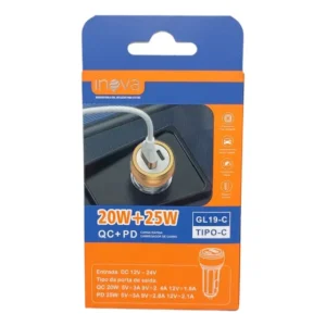 Carregador Veicular 45w - Inova - Usb + Tipo-c - Gl16-c Cabo Preto