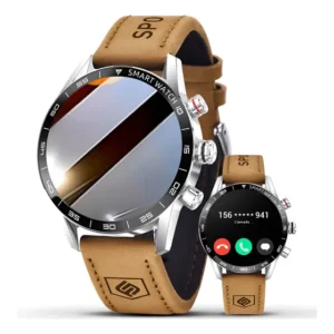 Relógio Inteligente Homens Smartwatches Chamada Bluetooth Prata Couro Marrom