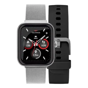 Relógio Smartwatch Technos Resistente 2 Pulseiras Prata Prateado Cromado A Prata Preto
