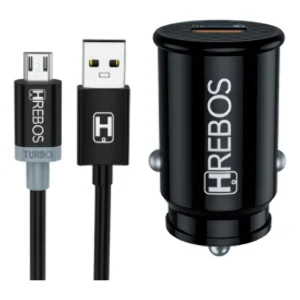 Carregador Veicular Turbo Hrebos Preto Micro-USB Para Samsung Motorola