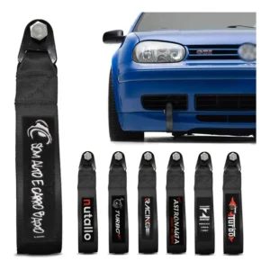 Tow Strap Hook Cinta Para Reboque Fita Esportiva Tuning Cor Preto com Bordado Som Alto e Carro Baixo