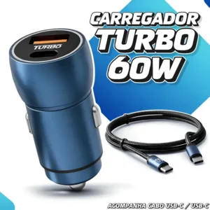 Carregador Automotivo Turbo 60w Cabo Usb-c Tipo C Variado Preto/azul