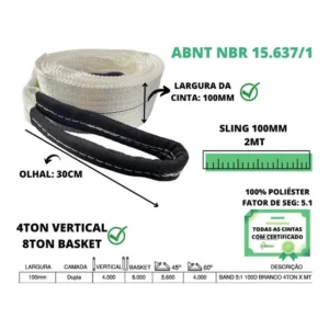 Cinta Elevação Carga 4ton 2mts 100mm Fator Seg. 5:1 Branca