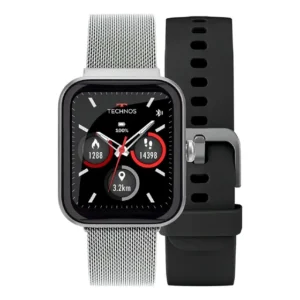 Smartwatch Technos Connect MAX Prata Preto 44mm Tela Full Touch Resistente 5ATM