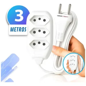 Extensão 3 Metros Cabo Paralelo Reforçada Com 3 Tomada 3 Pino Elétrica Cor Branca Marca Screen Vision