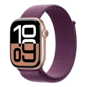 Apple Watch Series 10 46 mm (mwwv3) com laço de alumínio rosa com design de pulseira de tecido roxo milanês