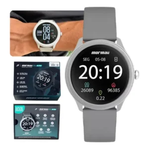 Relógio Smartwatch Mormaii Redondo Original Unissex Esporte Prateado Cinza-escuro