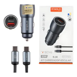 Carregador Veicular Turbo 60W A'Gold USB-C e USB com Cabo Tipo C