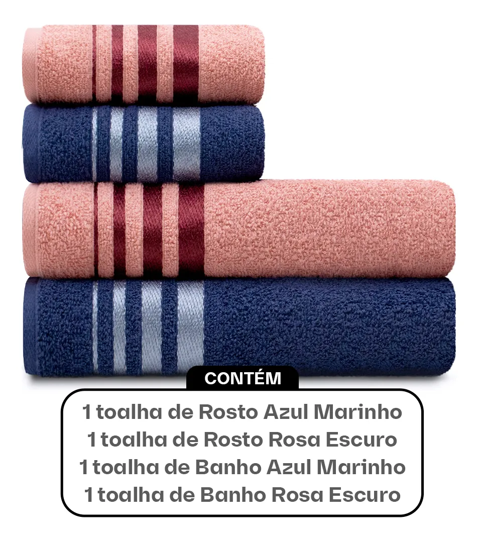 Jogo Toalhas De Algodão 4 Banho E Rosto Rosa E Azul Karsten - Imagem 7