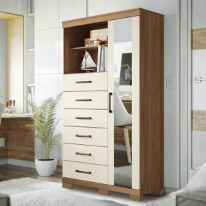 Comoda Multiuso 1 Porta 6 Gavetas Com Espelho E Pes Maraba Cor Jatoba/Areia