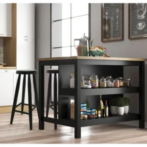 Ilha Cozinha Preta Ditália Móveis 2 Prateleiras Linha Denver 120x80cm