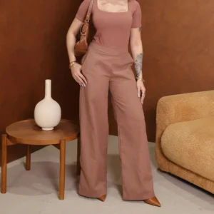 Calça Linho Pantalona Cintura Alta Social Wide Leg Elegante