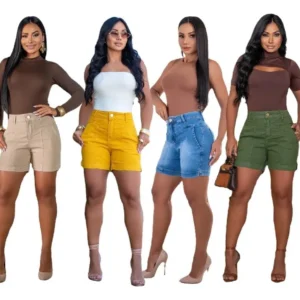 Short Bermuda Meia Coxa Jeans Com Lycra Cos Alto Bolso Faca