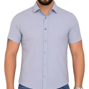 Camisa Social Linho Manga Curta Maquinetada Casual Básica