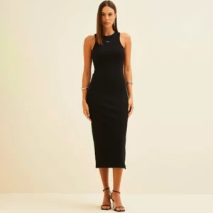 Vestido Mid Forum Canelado Ve26 Preto Feminino