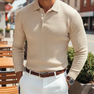 Camisa Polo Casual De Manga Longa Texturizada Masculina