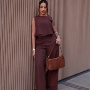 Conjunto Alfaiataria Calça Pantalona E Cropped Linho