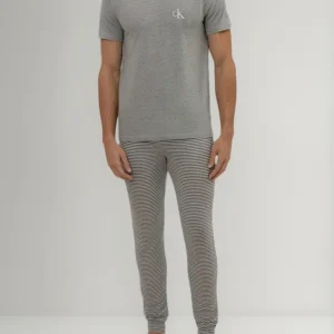 Pijama Calvin Klein Manga Curta Calça Fio Tinto Listras Moda