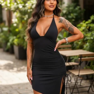 Vestido Alcinha Decote Verão Poliamida Moda Gringa Drapeado