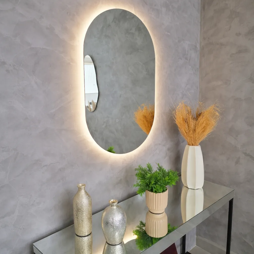 Espelho Decorativo Oval Com Led Frio De Parede De Banheiro E Sala Demoglass Led Frio - A 60 X L 40 - Imagem 9