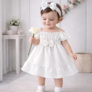Kit Vestido Com Laço Infantil Menina Batizado 1 Ano