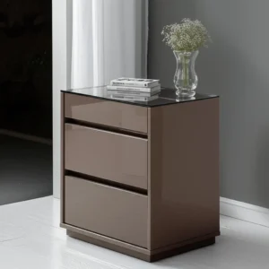 Mesa De Cabeceira Belize Tampo Vidro 3 Gavetas Cinza Pérola