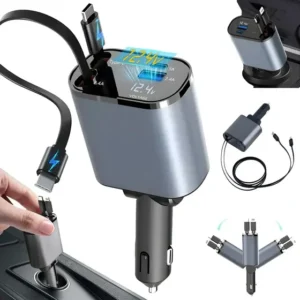 Carregador Veicular Turbo Cabo Retrátil Portátil Tipo C 4em1