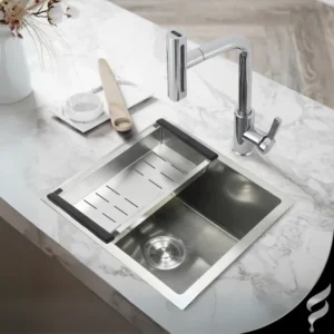 Cuba Inox Para Pia De Cozinha Gourmet Embutir ou Sobrepor Aço Inoxidável 304 Quadrada 44x44cm Escovada Completa Com Acessórios Luxo Moderna Anti Ruído - SOFTINOX