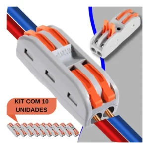 Kit 10 Conector Emenda Rápida De Alavanca Borne Cabos Fios 2 Vias 32a / 250v Compacto Trava Fio Elétrico Click Substituto Fita Isolante Gurumania