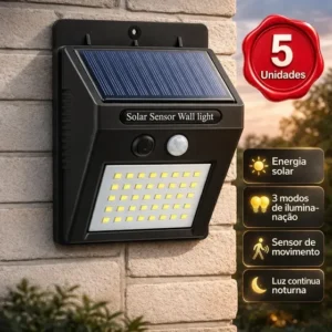 Kit 5 Luminária Solar 30 Led's Arandela Prova D' água Com Sensor de Presença Automático Estrutura Preto, Recarregável Solar - Marca Redd