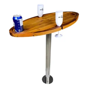 Mesa Nautica Elíptica Teca C/ Pedestal Inox 2 Taças Lancha Madeira Teca
