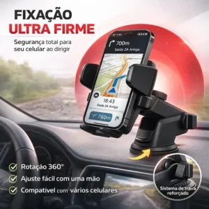 Suporte de Celular Veicular Automotivo 360º Universal Ajustável com Ventosa Gruda no Painel Vidro Parabrisa para GPS Encaixe Giratório Articulado com Trava Automática Anti Queda para Carro Caminhão