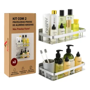Kit 2 Suporte Shampoo Banheiro Prateleira Sem Furar Prata Prateado Inox Aluminio Cromado Organizador Chuveiro