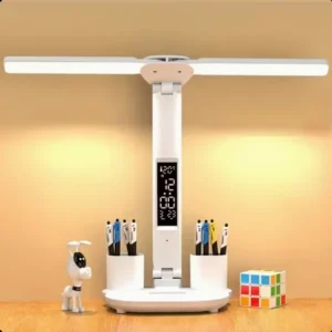Luminária de Mesa LED Dupla Articulada PRODU com Painel Digital LCD Integrado Relógio Calendário Termômetro Suporte Organizador de Canetas e Alimentação USB Design Moderno para Escritório e Estudo