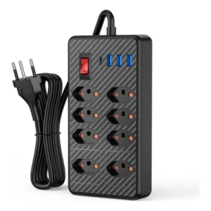Filtro de Linha Preto 8 Tomadas 3 USB 1 Tipo C Com Cabo 1.2m Proteção Sobrecarga