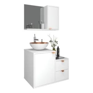 Kit Gabinete E-led Brasil Solo Bianche Industrial banheiro armário espelheira cuba puxador metálico cobreado Branco com cobre