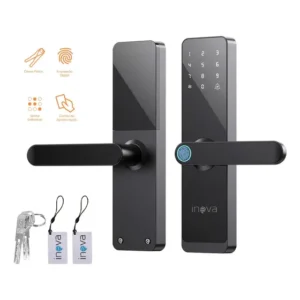 Inova Fechadura Digital Com Biométrica Eletrônica Embutir Automática Externa Para Porta Madeira Aluminio Multifuncional Nova Smart Lock Com Chave MI Cartão Voz Campainha NFC Senha Virtual Cor Preto