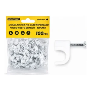 Grampo Miguelão 100 Peças Fixa Cabo Coaxial 10mm com Prego Aço