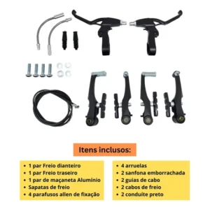 Freio V Brake Aluminio Completo Kit Bicicleta Manete Preto Cabos Conduite Sapata