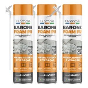 Kit 03 Unidades Espuma Expansiva Pu Poliuretano Profiisional Adesivo Selante Acabamento Instalação Portas Janelas Esquadrias Vidro Uso Geral 340g/500 ml Barone