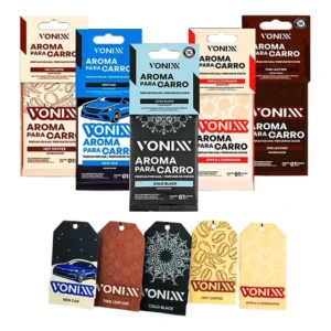 Kit 5 Aromatizantes Vonixx Cheirinho Aroma P/ Carro Frescor 5 Sabores Cold Black Hot Coffee New Car Fine Leathe Apple E Cinnamon